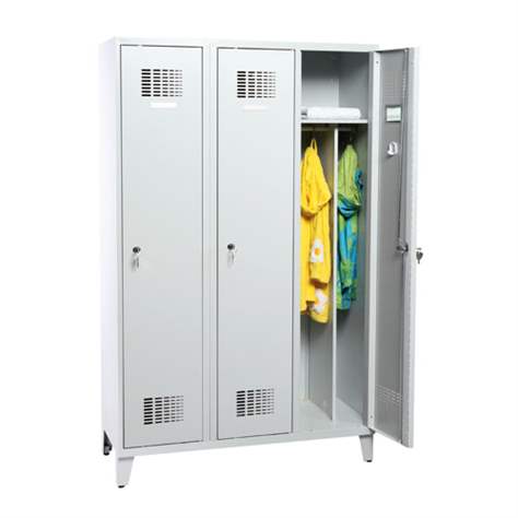 Garderobenschrank WEMO, geschweißt, 3 x 400 mm, Türfarbe Grau RAL7035, mit Füßen, Dreipunkt-Zylinderschloss - Malow