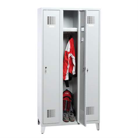 Dulap metalic pentru vestiar, sudat, WEMO, 3 x 300 mm, uși gri RAL7035, cu picioare, încuietoare cilindrică cu blocare în 3 puncte - Malow