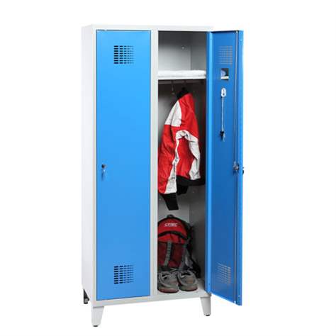 Garderobenschrank WEMO, geschweißt, 2 x 300 mm, Türfarbe Blau RAL5012, mit Füßen, Dreipunktriegel für Hängeschloss - Malow - Bild5