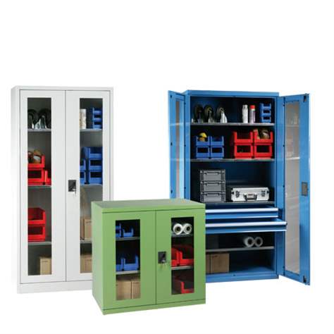 Dulap metalic de atelier cu uși batante cu fereastră transparentă, HxLxl: 1950x1044x655 mm, 4 x polițe 100 kg, albastru RAL5012 - Polak CZ, s.r.o. - imagine2