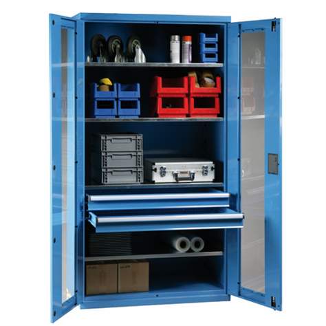 Dulap metalic de atelier cu uși batante cu fereastră transparentă, HxLxl: 1950x1044x655 mm, 4 x polițe 100 kg, albastru RAL5012 - Polak CZ, s.r.o. - imagine4