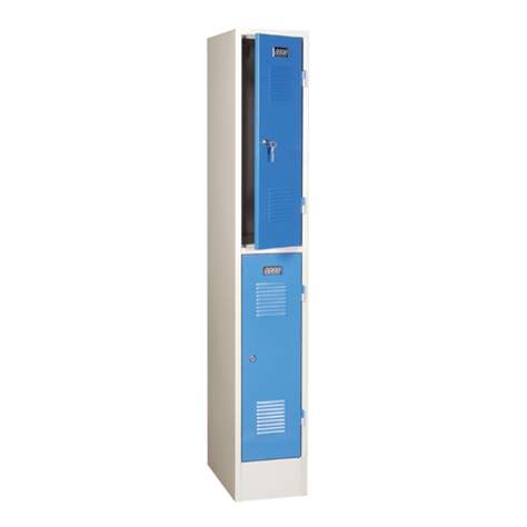 Zváraná šatňová skriňa, delená, 2 schránky, šírka 300 mm, farba dverí modrá RAL5012, štandardné vetracie žalúzie - Kovos Verneřice