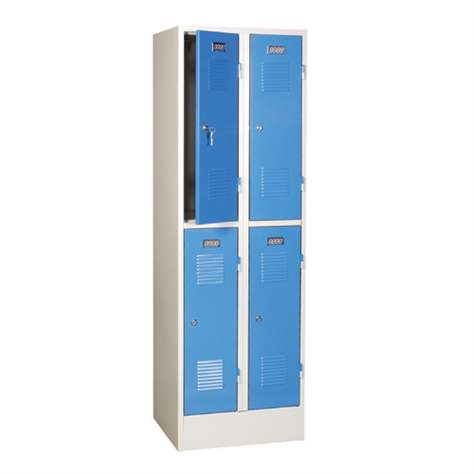 Zváraná šatňová skriňa, delená, 2 x 2 schránky, šírka 600 mm, farba dverí modrá RAL5012, štandardné vetracie žalúzie - Kovos Verneřice