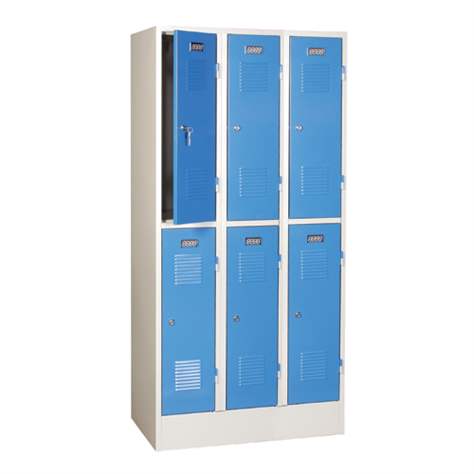 Svařovaná šatní skříň, dělená, 3 x 2 schránky, šířka 900 mm, barva dveří modrá RAL5012, standardní větrací žaluzie - Kovos Verneřice