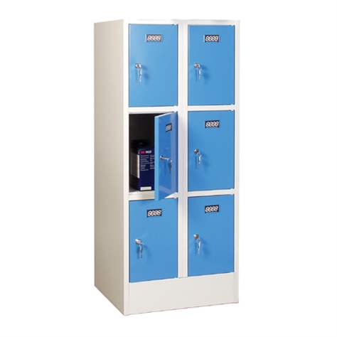 Svařovaná šatní skříň se schránkami, 2 x 3 schránky, šířka 600 mm, barva dveří modrá RAL5012 - Kovos Verneřice