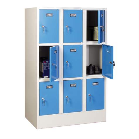 Zváraná šatňová skriňa so schránkami, 3 x 3 schránky, šírka 900 mm, farba dverí modrá RAL5012 - Kovos Verneřice