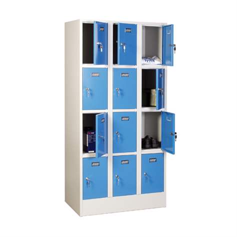 Zváraná šatňová skriňa so schránkami, 3 x 4 schránky, šírka 900 mm, farba dverí modrá RAL5012 - Kovos Verneřice