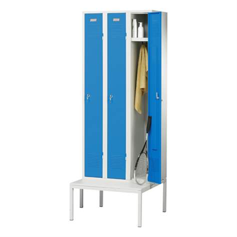 Dulap metalic pentru vestiar cu bancă, sudat, economie de spațiu, 3 x 250 mm, uși albastre RAL5012 - Kovos Verneřice
