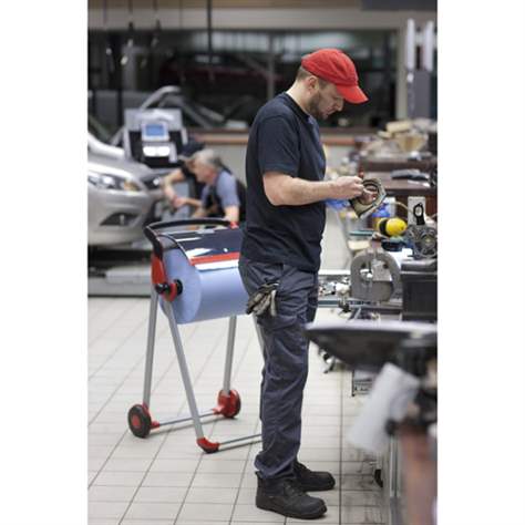 Dispozitiv desfășurător produse consumabile curățenie - hârtie prosop în rolă TORK, stativ mobil, culoare roșie-neagră - TORK - imagine2