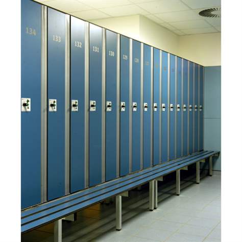 Garderobenschrank aus HPL für Nassbereiche, 2 x 400 mm, mit Bank, Zylinderschloß, Türfarbe Blau - Bild3