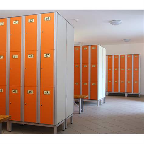 Garderobenschrank aus HPL für Nassbereiche, geteilt, 6 Fächer, B. 600 mm, 4 Füße, Drehriegel, Farbe Gelb - Bild5