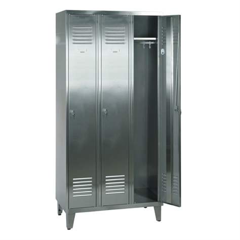 Edelstahl - Garderobenschrank, 3 x 400 mm, mit Füßen, Dreipunkt-Zylinderschloss - Malow
