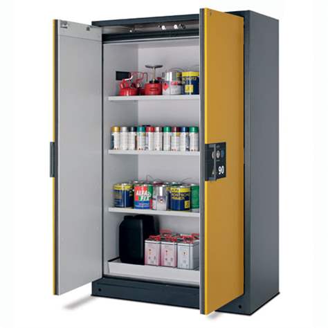 Bezpečnostní skříň na chemikálie 90 min., 3 police + vana, š. 1200 mm, TSA/AGT, dveře žluté - asecos GmbH