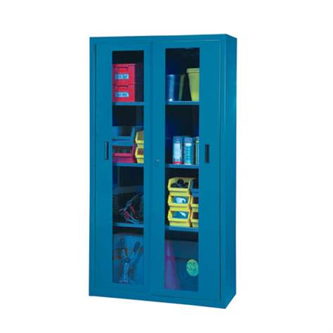 Dulap metalic de atelier cu uși glisante cu fereastră transparentă, HxLxl: 1950x1044x405 mm, 3 x polițe 100 kg, albastru închis RAL5010 - Polak CZ, s.r.o.