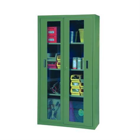 Dulap metalic de atelier cu uși glisante cu fereastră transparentă, HxLxl: 1950x1044x405 mm, 3 x polițe 100 kg, verde RAL6011 - Polak CZ, s.r.o.