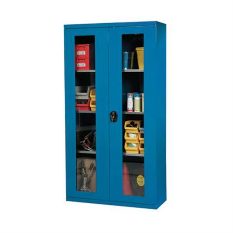 Dulap atelier, HxLxl: 1950 x 1044 x 405 mm, uși cu fereastră, 3 x polițe 100 kg, albastru închis RAL5010 - Polak CZ, s.r.o.