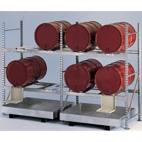 Fassregal MINI-RACK, Anbauregal, HxBxT: 2200 x 1451 x 800 mm, 2 waagerechte Holmenpaare, Auffangwanne, Kannenhalter - META Skladovací technika