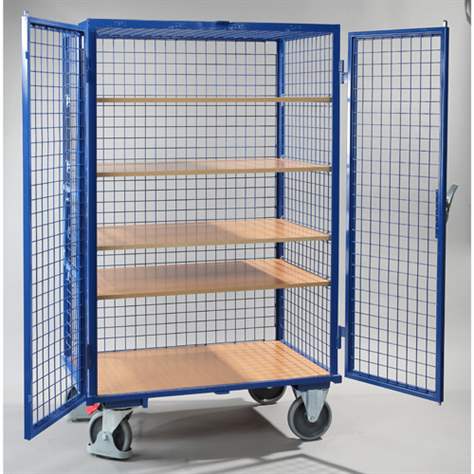 Schrankwagen VARIOfit mit Flügeltüren und 5 Etagen, Gitterwände, Schloss mit Drehgriff, 1045x685 mm, Tragfähigkeit 500 kg, Farbe Anthrazit RAL7016 /Platte Grau - Cordes - Bild5