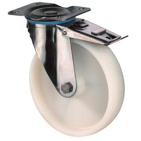 Edelstahl-Transport-Lenkrolle mit Feststeller, Polyamid, Durchm. 200 mm, Traglast 260 kg