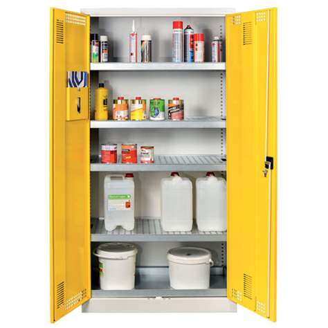 Chemikalienschrank, H x B x T: 1950 x 950 x 500 mm, 4 Wannen-Fachböden, Farbe: Gehäuse Lichtgrau RAL7035/ Türen Gelb RAL1023 - Kovos Verneřice