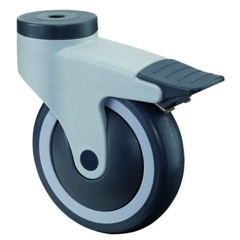 Přístrojové kolo, otočné s brzdou, vidlice s plastu, pr. 125 mm, s hřbetním otvorem, nosnost 120 kg