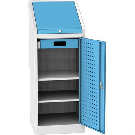Příruční dílenská skříňka, v x š h: 1300 x 500 x 500 mm, 1 x zásuvka, 2 x police, barva šedá RAL7035/ modrá RAL5012 - Kovos Verneřice