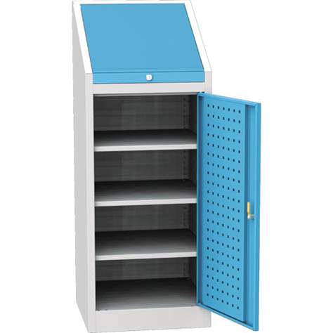 Příruční dílenská skříňka, v x š h: 1300 x 500 x 500 mm, 3 x police, barva šedá RAL7035/ modrá RAL5012 - Kovos Verneřice