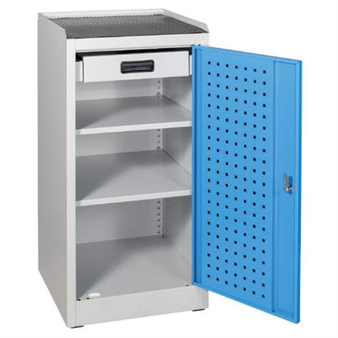 Dulap atelier, structură ușoară și joasă - mobilier oragnizator metalic, HxLxl: 1030 x 500 x 500 mm, 1 sertar, 2 polițe, gri RAL7035/albastru RAL5012 - Kovos Verneřice