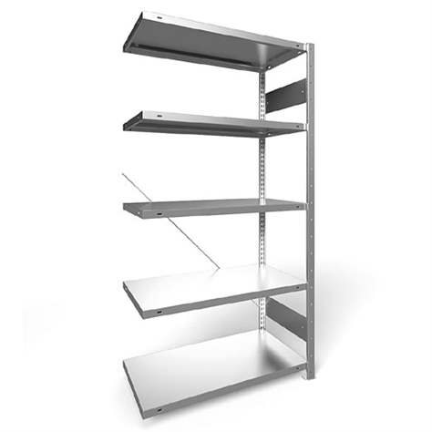 Regál zásuvný CLIP S3, V: 2000 mm, 5 polic 1000 x 500 mm, nosnosť 230 kg, pozinkovaný, pridavný - META Skladovací technika