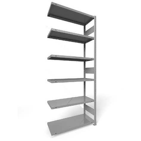 Regál zásuvný CLIP S3 s podélníky, V: 2500 mm, 6 polic 1000 x 300 mm, nosnost 150 kg, šedý, přídavný - META Skladovací technika
