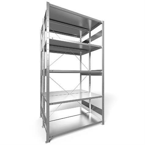 Dvojstranný regál CLIP S3, V: 2500 mm, 2 x 6 polic 1300 x 500 mm, nosnosť 230 kg, pozinkovaný, základný - META Skladovací technika