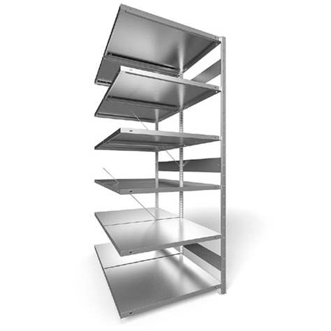 Dvojstranný regál CLIP S3, V: 2500 mm, 2 x 6 polic 1000 x 800 mm, nosnosť 230 kg, pozinkovaný, pridavný - META Skladovací technika