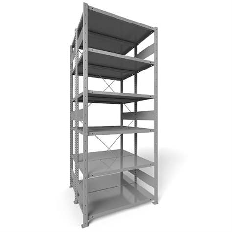 Dvojstranný regál CLIP S3, V: 2500 mm, 2 x 6 polic 1000 x 500 mm, nosnosť 230 kg, šedý, základný - META Skladovací technika