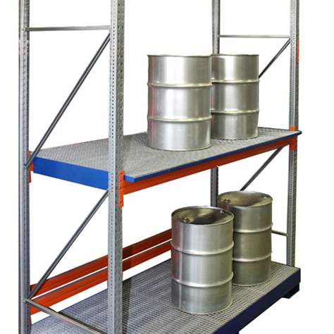 Stahl-Trägerauffangwannen für Palettenregale, mit Stahlrost, Lagerung auf Tägern, 2680x1300x140 mm, Blau RAL5010 - Bild4