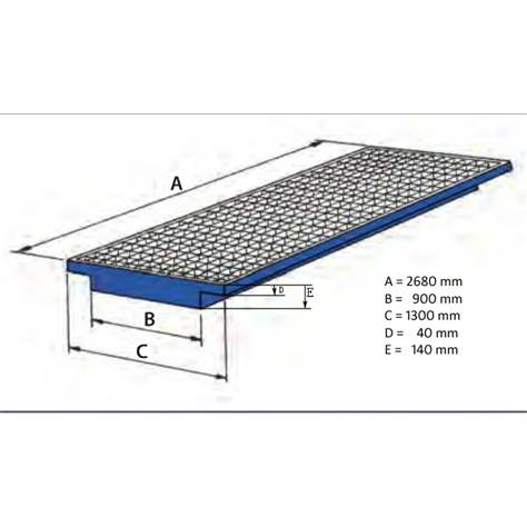 Stahl-Trägerauffangwannen für Palettenregale, mit Stahlrost, Lagerung auf Tägern, 2680x1300x140 mm, Blau RAL5010 - Bild3