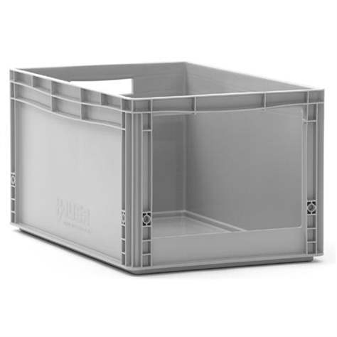 Přepravka plastová Euro s bočním otvorem, šedá barva, 600 x 400 x 320 mm