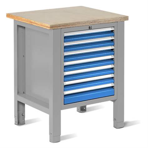 Werkstatt-Tisch TECHNO Light, Breite 725 mm, 7 Schubladen, Farbe lichtgrau RAL7035/blau RAL5012. - Malow