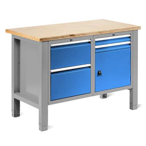 Werkstatt-Tisch TECHNO Light, Breite 1245 mm, 4 Schubladen, 1 Schrank, Farbe lichtgrau RAL7035/blau RAL5012. - Malow