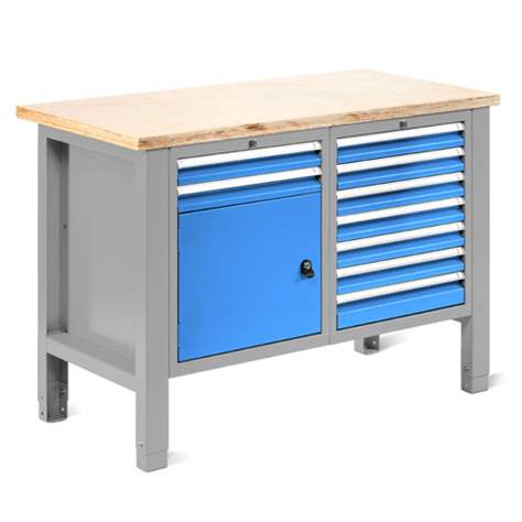 Werkstatt-Tisch TECHNO Light, Breite 1245 mm, 9 Schubladen, 1 Schrank, Farbe lichtgrau RAL7035/blau RAL5012. - Malow
