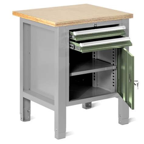 Werkstatt-Tisch TECHNO Light, Breite 725 mm, 2 Schubladen, Schrank, Farbe lichtgrau RAL7035/grün RAL6011. - Malow