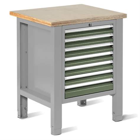 Werkstatt-Tisch TECHNO Light, Breite 725 mm, 7 Schubladen, Farbe lichtgrau RAL7035/grün RAL6011. - Malow