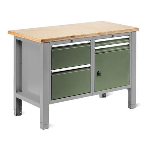 Werkstatt-Tisch TECHNO Light, Breite 1245 mm, 4 Schubladen, 1 Schrank, Farbe lichtgrau RAL7035/grün RAL6011. - Malow