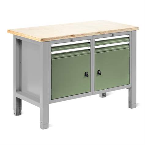 Werkstatt-Tisch TECHNO Light, Breite 1245 mm, 4 Schubladen, 2 Schränke, Farbe lichtgrau RAL7035/grün RAL6011. - Malow