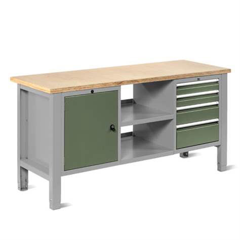 Banc masă de atelier TECHNO Light, lățime 1765 mm, 4 sertare, 1 dulap, gri RAL7035/verde RAL6011. - Malow