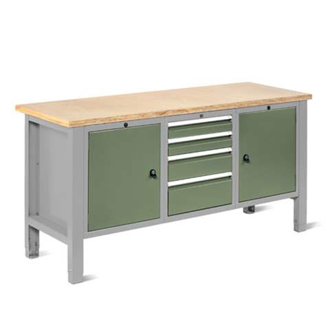 Werkstatt-Tisch TECHNO Light, Breite 1765 mm, 4 Schubladen, 2 Schränke, Farbe lichtgrau RAL7035/grün RAL6011. - Malow