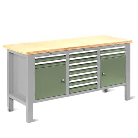 Banc masă de atelier TECHNO Light, lățime 1765 mm, 11 sertar, 2 dulapuri, gri RAL7035/verde RAL6011. - Malow - imagine6