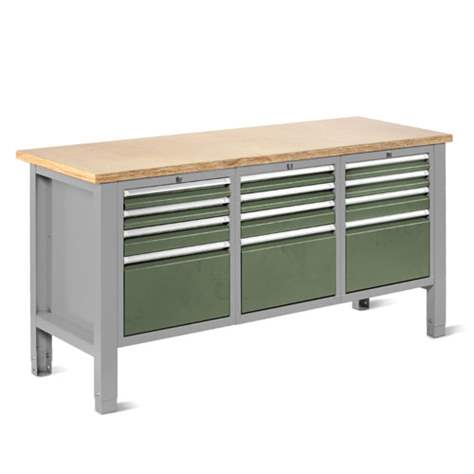 Werkstatt-Tisch TECHNO Light, Breite 1765 mm, 12 Schubladen, Farbe lichtgrau RAL7035/grün RAL6011. - Malow