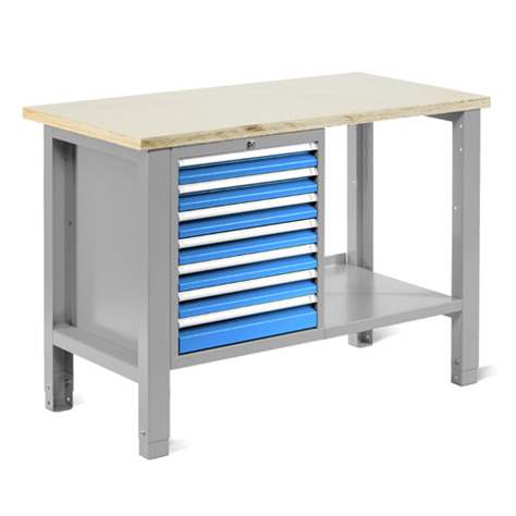Werkstatt-Tisch TECHNO Light, Breite 1245 mm, 7 Schubladen, Farbe lichtgrau RAL7035/blau RAL5012. - Malow