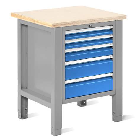 Werkstatt-Tisch TECHNO Light, Breite 725 mm, 5 Schubladen, Farbe lichtgrau RAL7035/blau RAL5012. - Malow