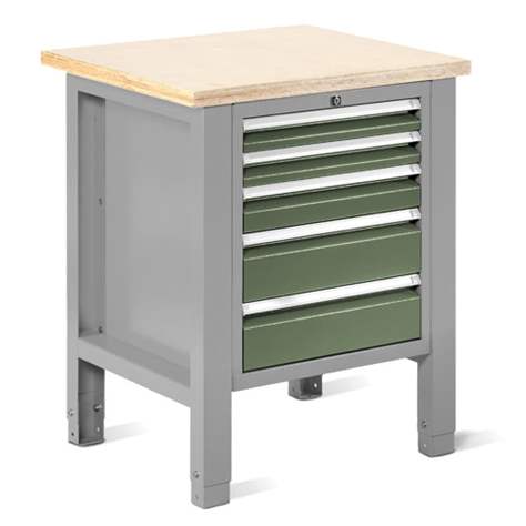 Werkstatt-Tisch TECHNO Light, Breite 725 mm, 5 Schubladen, Farbe lichtgrau RAL7035/grün RAL6011. - Malow